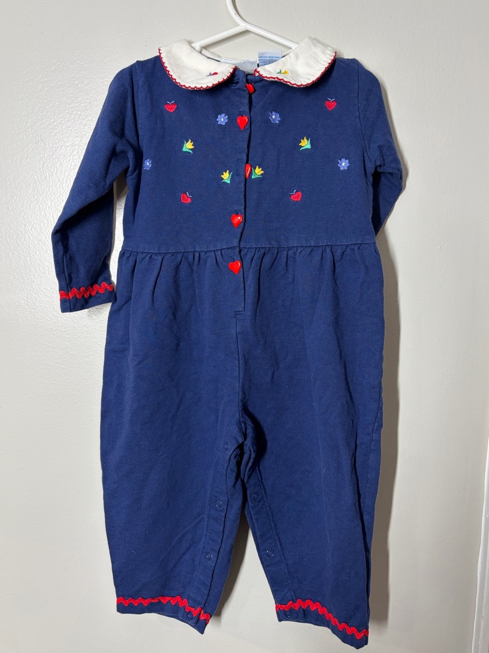 Vintage Navy Heart & Bird Embroidered Baby One-Piece size 24 months